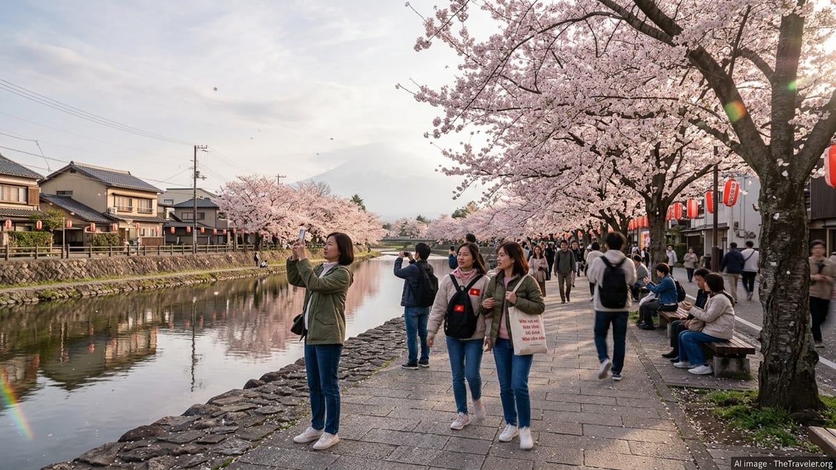 Vietnamese travelers walking under full-bloom cherry trees along a Japanese riverside promenade in soft afternoon light.
