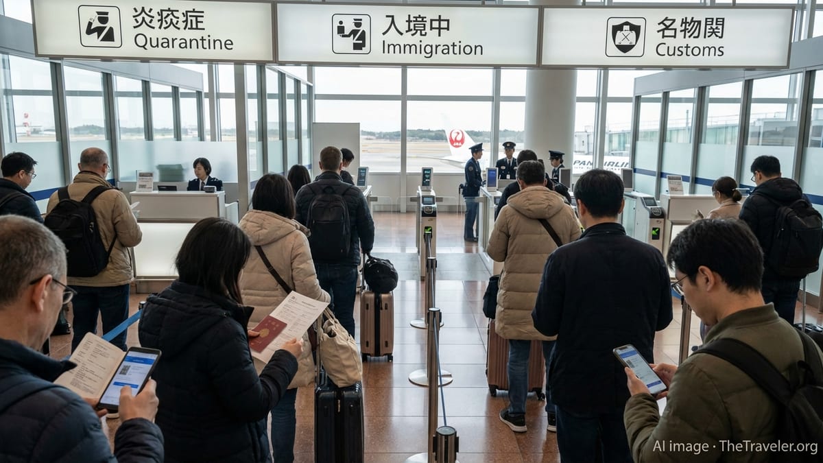 International travelers queue at Tokyo airport immigration counters with passports and visa documents visible.