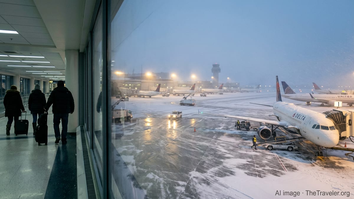Snowstorm grounds Delta and United jets at Minneapolis–St. Paul airport as travelers watch from the terminal windows.