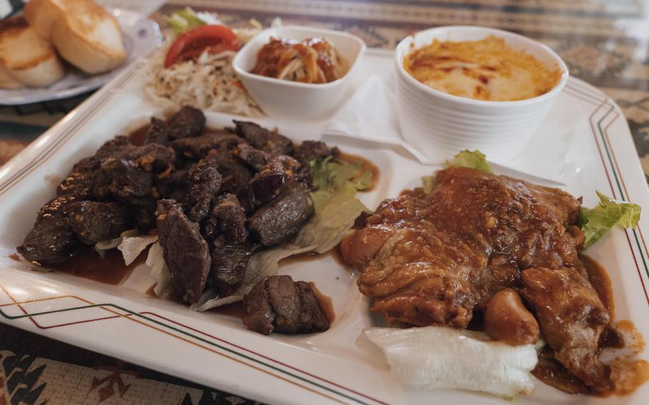 American a la carte, which includes Japanese-style chopped steak, doria (rice gratin), teriyaki chicken, cream soup, rice (or bread), a slice of pie of the day, and coffee.