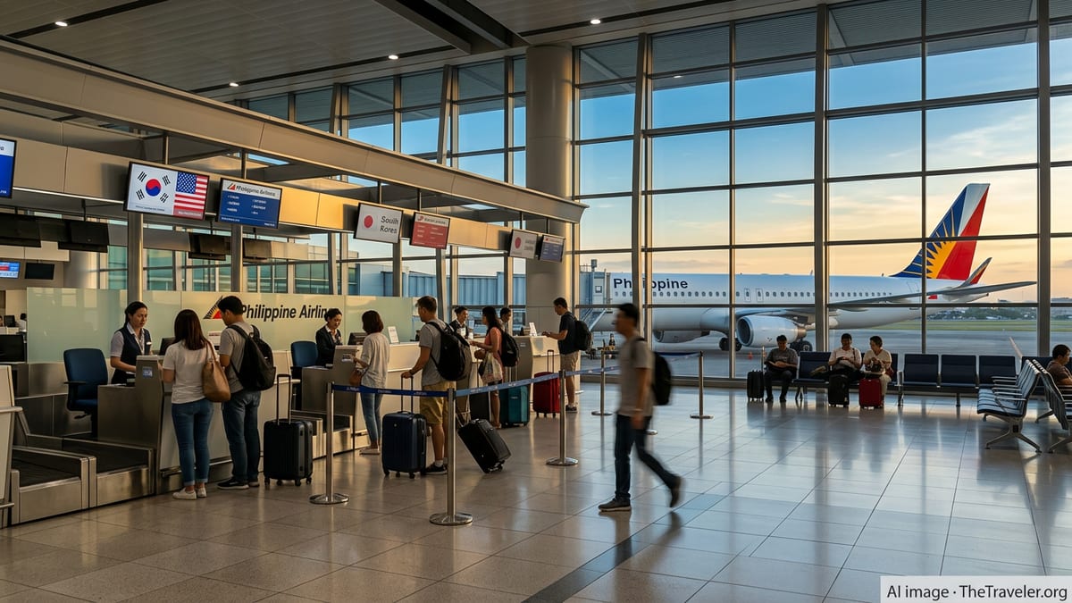 Philippine Airlines check-in area in Manila with international travelers and a PAL jet at dusk.