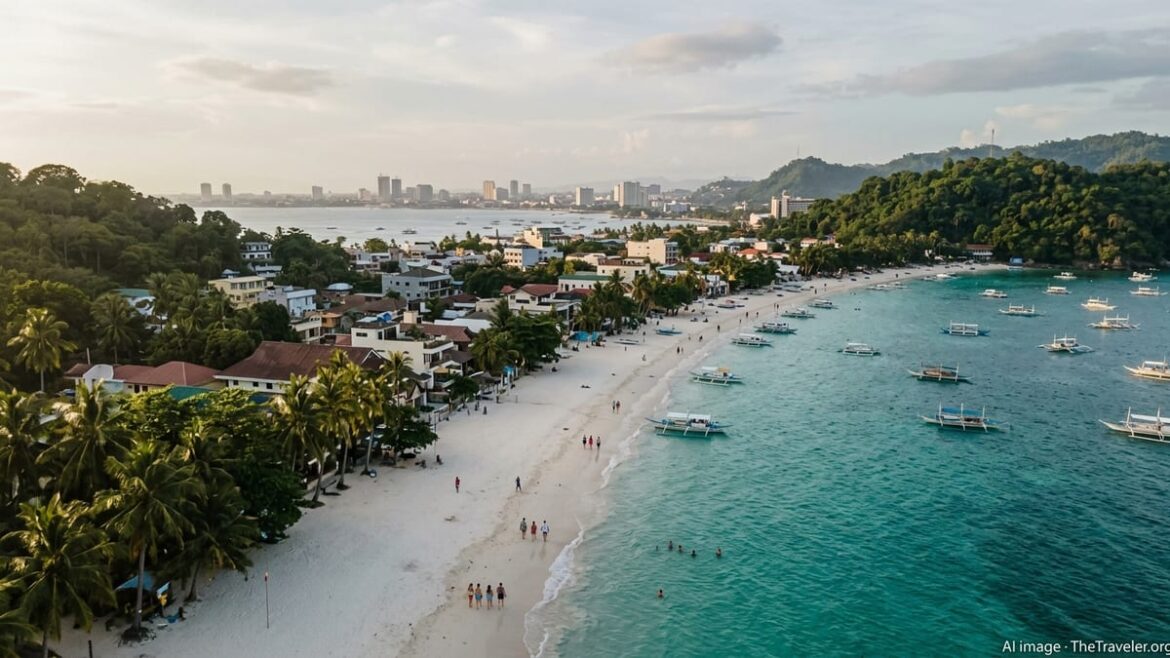 Aerial view of a Philippine beach and seaside town with tourists, boats and green hills at golden hour.