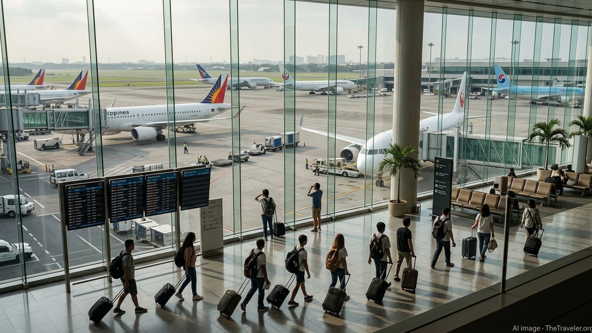 Travelers in a Manila airport terminal watching US, Japanese, Korean and Philippine airplanes at the gates.