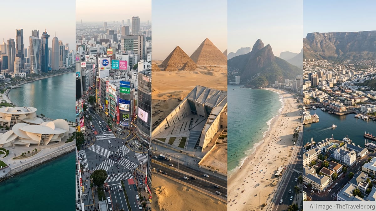A wide aerial view merging Doha, Tokyo, Giza, Rio and Cape Town, illustrating how rising destinations are reshaping global旅游.