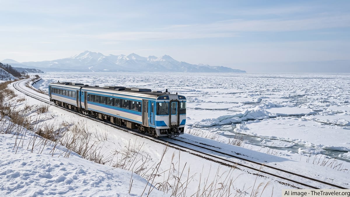 Blue and white Ryuhyo Monogatari train running beside drift ice on Hokkaido’s Sea of Okhotsk coast.