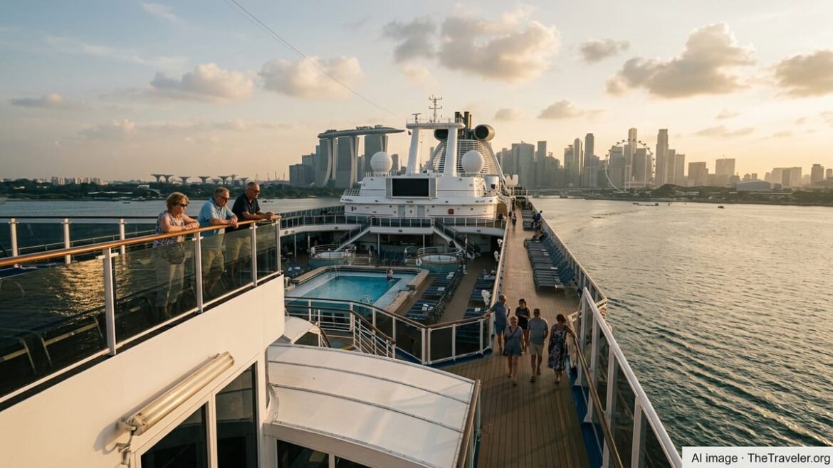 Coral Princess departing Singapore at sunset with city skyline in the distance.