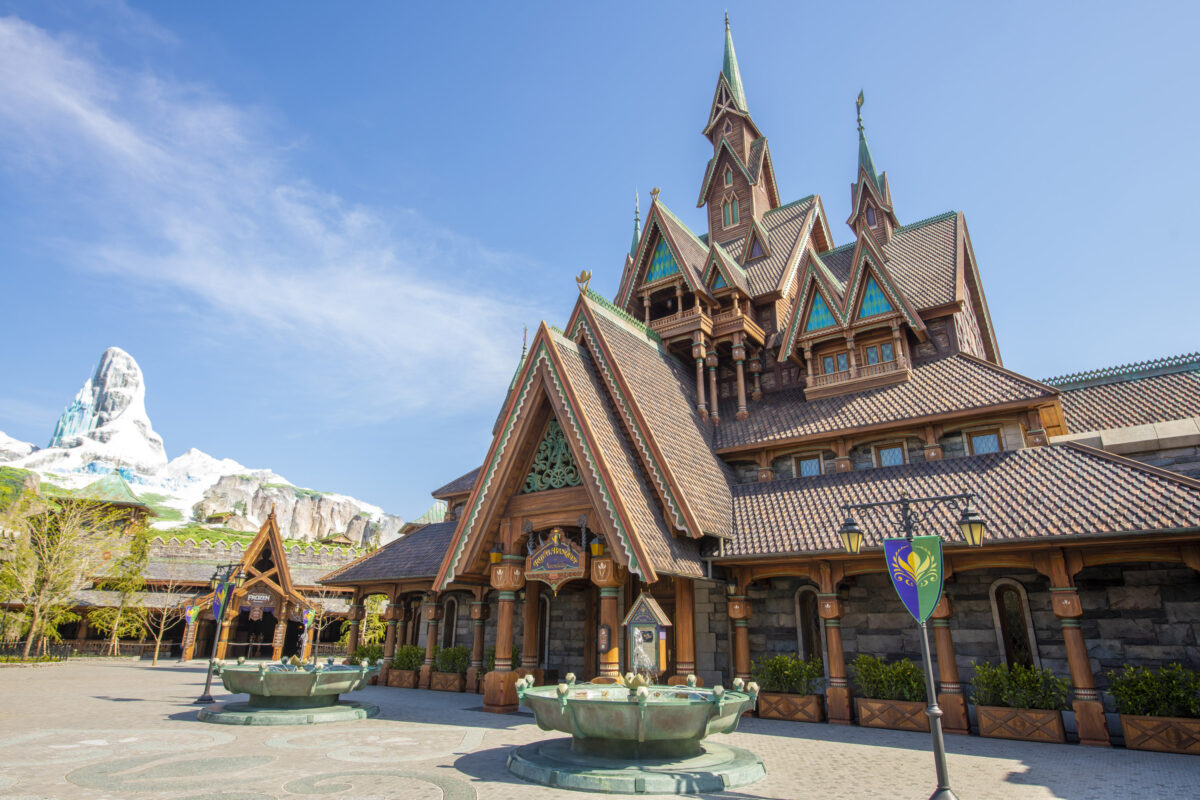 A nordic-style wooden building with sharp gabled roofs and decorative carvings under a clear blue sky, with a snow-capped mountain in the background.