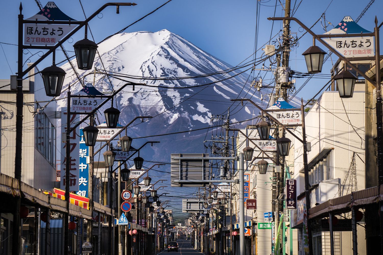The view of the main street of Fujiyoshida town.