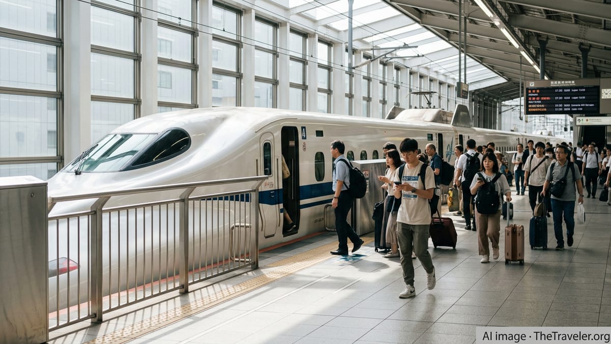 International tourists use phones to board a Shinkansen at a busy Japanese station.