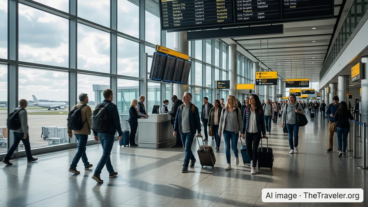 Travellers in a UK airport departure hall watching long-haul flights to Mexico, Australia, Thailand and Japan on screens.