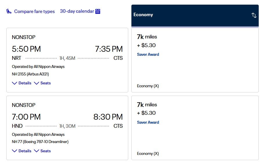 United award from Tokyo to Sapporo