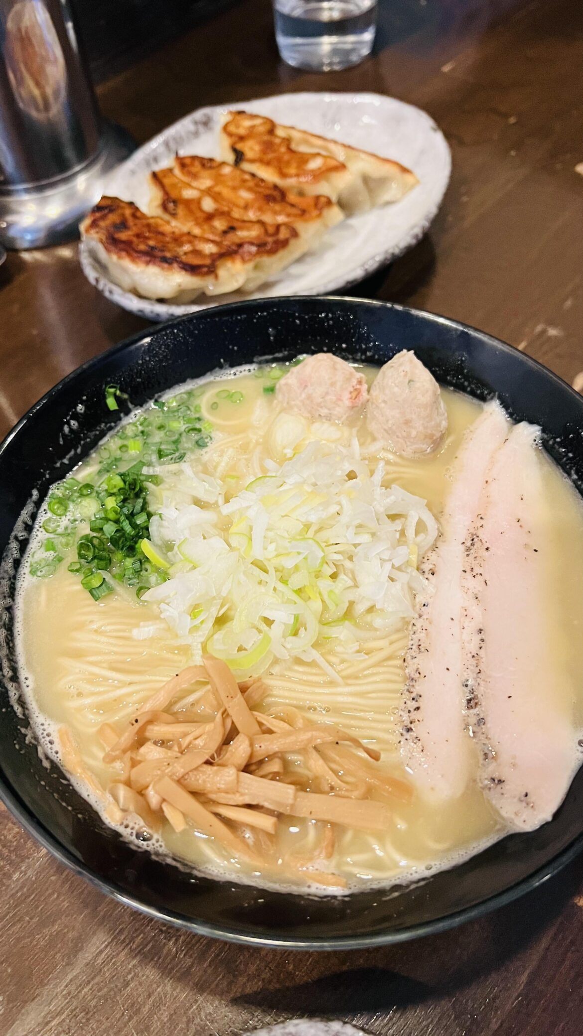 Chicken ramen with chicken gyoza at a restaurant in Tsukuba