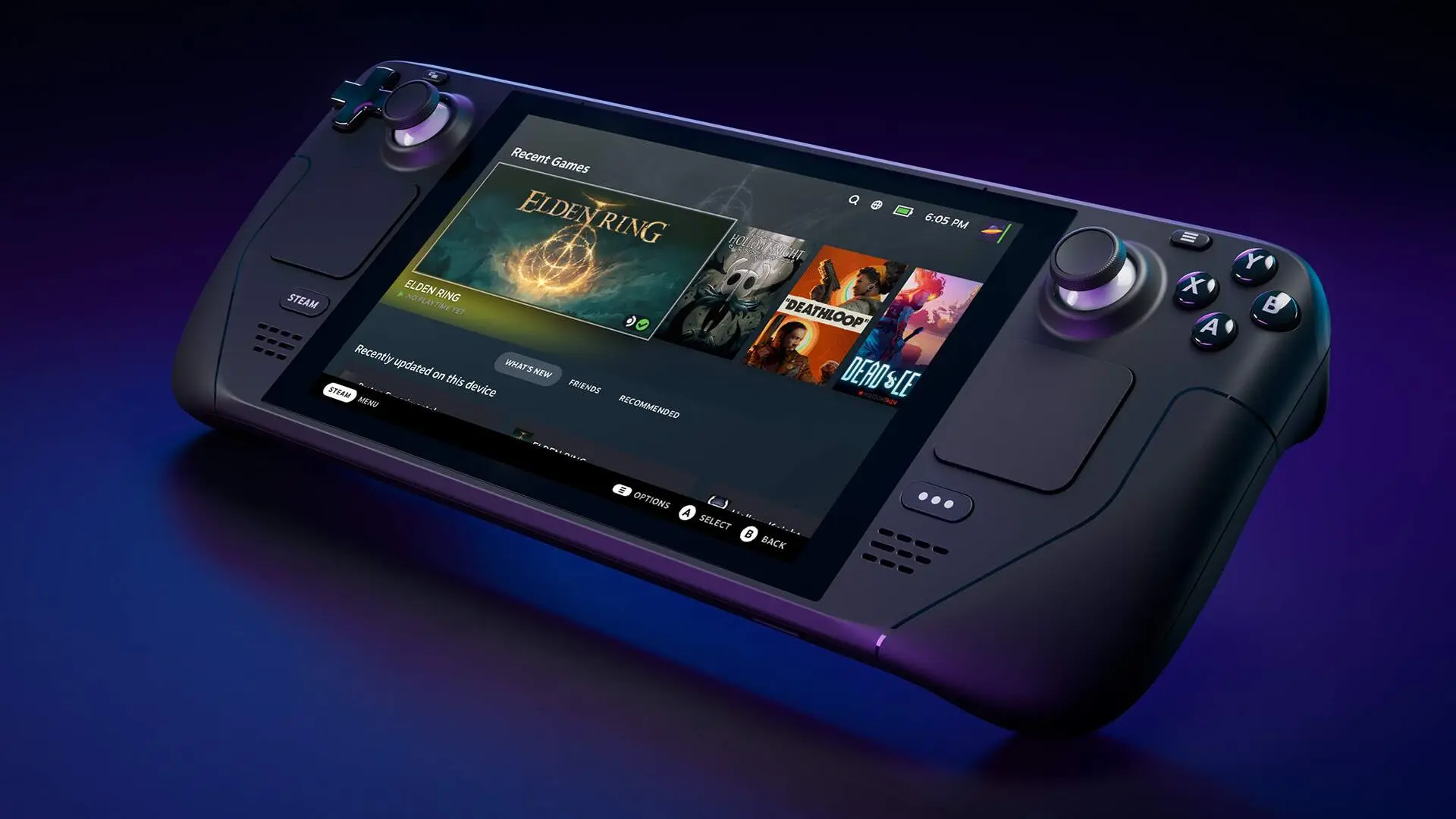 The Valve Steam Deck handheld gaming device displays its recent games library on screen.