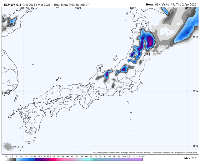 ECMWF snowfall forecast map