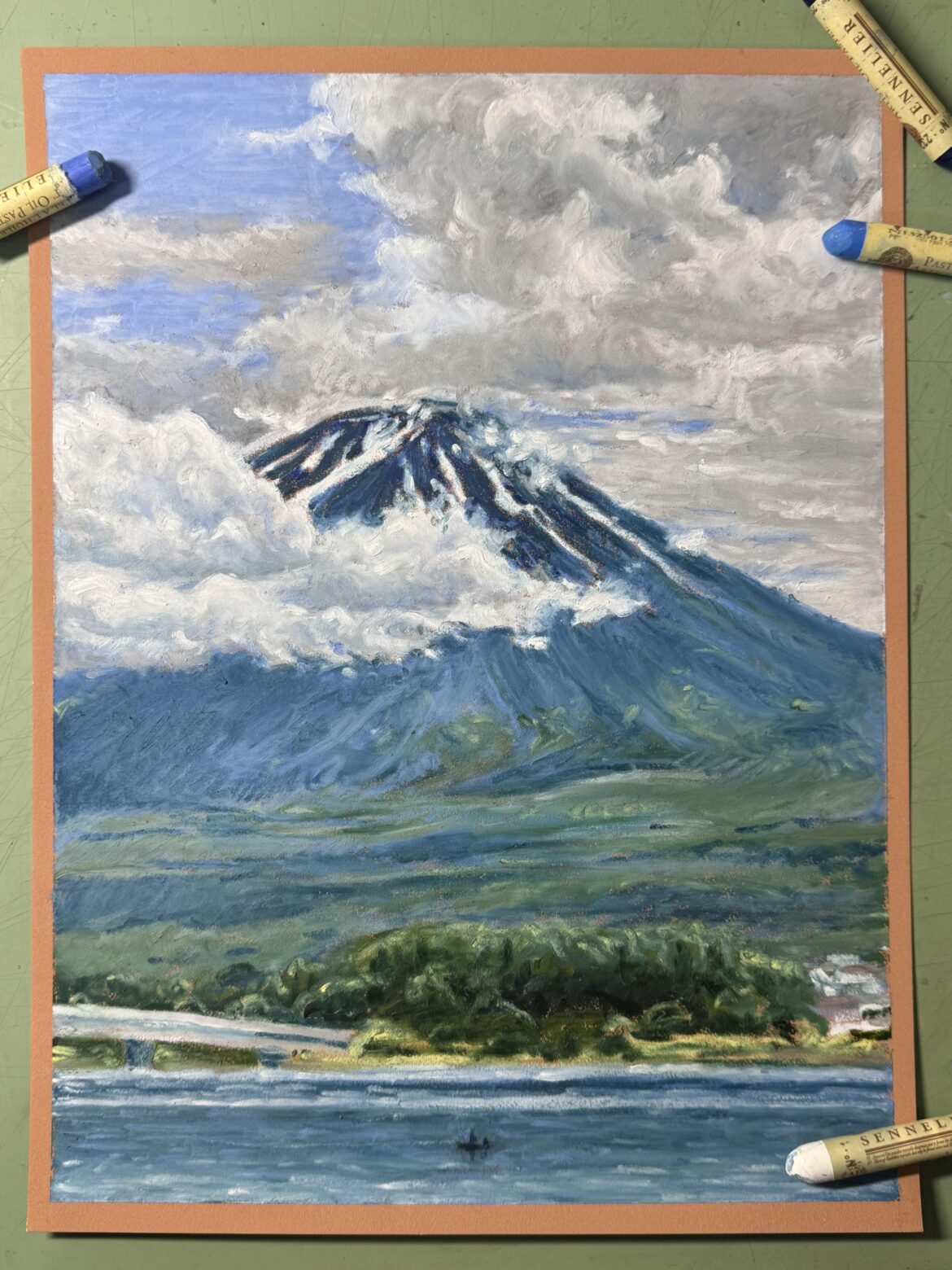 My oil pastel drawing of Mt. Fuji and Lake Kawaguchi
