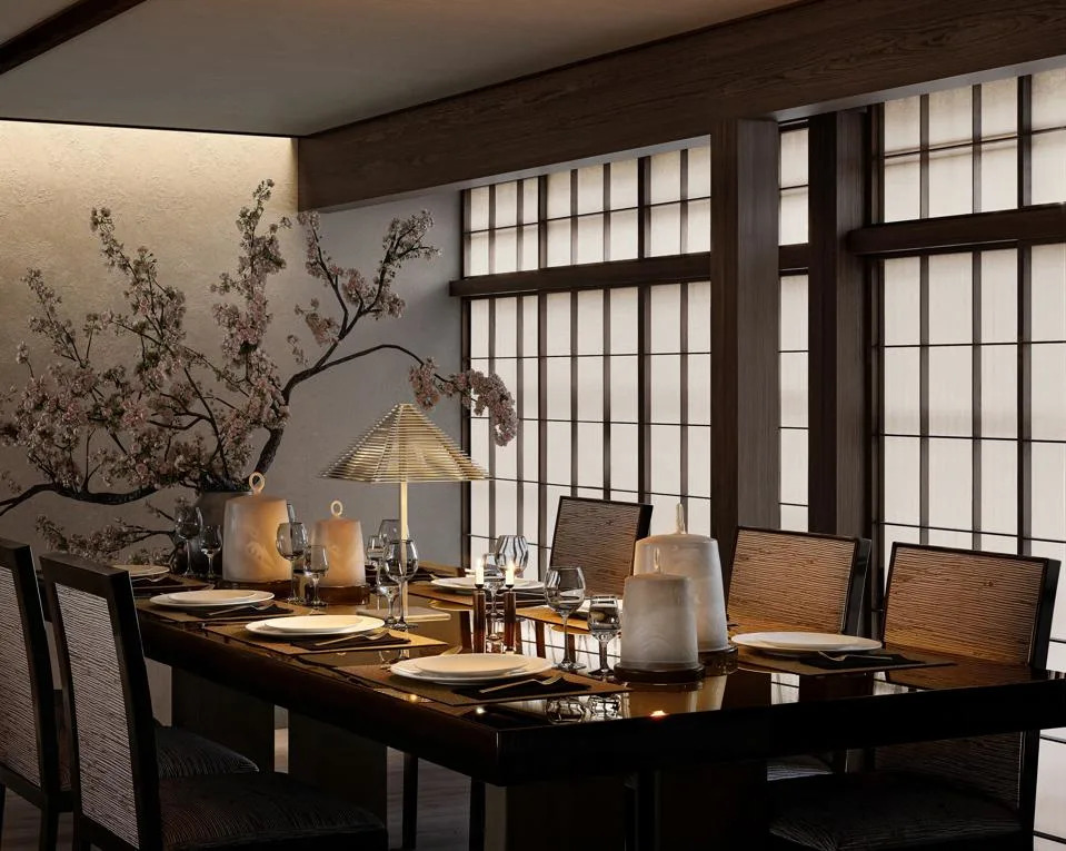 Dining room in The Silence Kyoto residence by Kengo Kuma and Armani Casa
