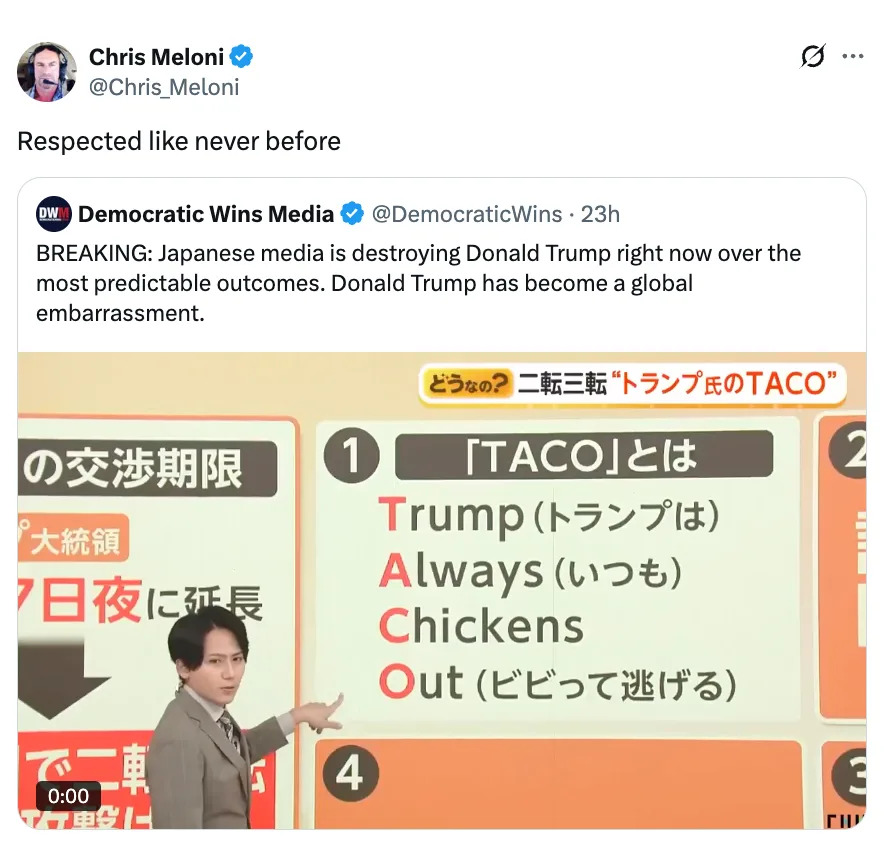 Tweet showing a person gesturing at a presentation. The presentation humorously criticizes Donald Trump using a TACO acronym