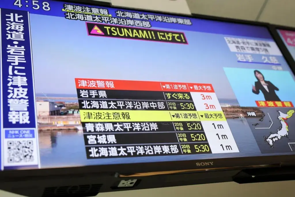 A news report shows the Japan Meteorological Agency's tsunami warning, saying it expected tsunami waves of up to 3m to reach large coastal areas in northern Japan after an earthquake struck off the country's northeastern coast.