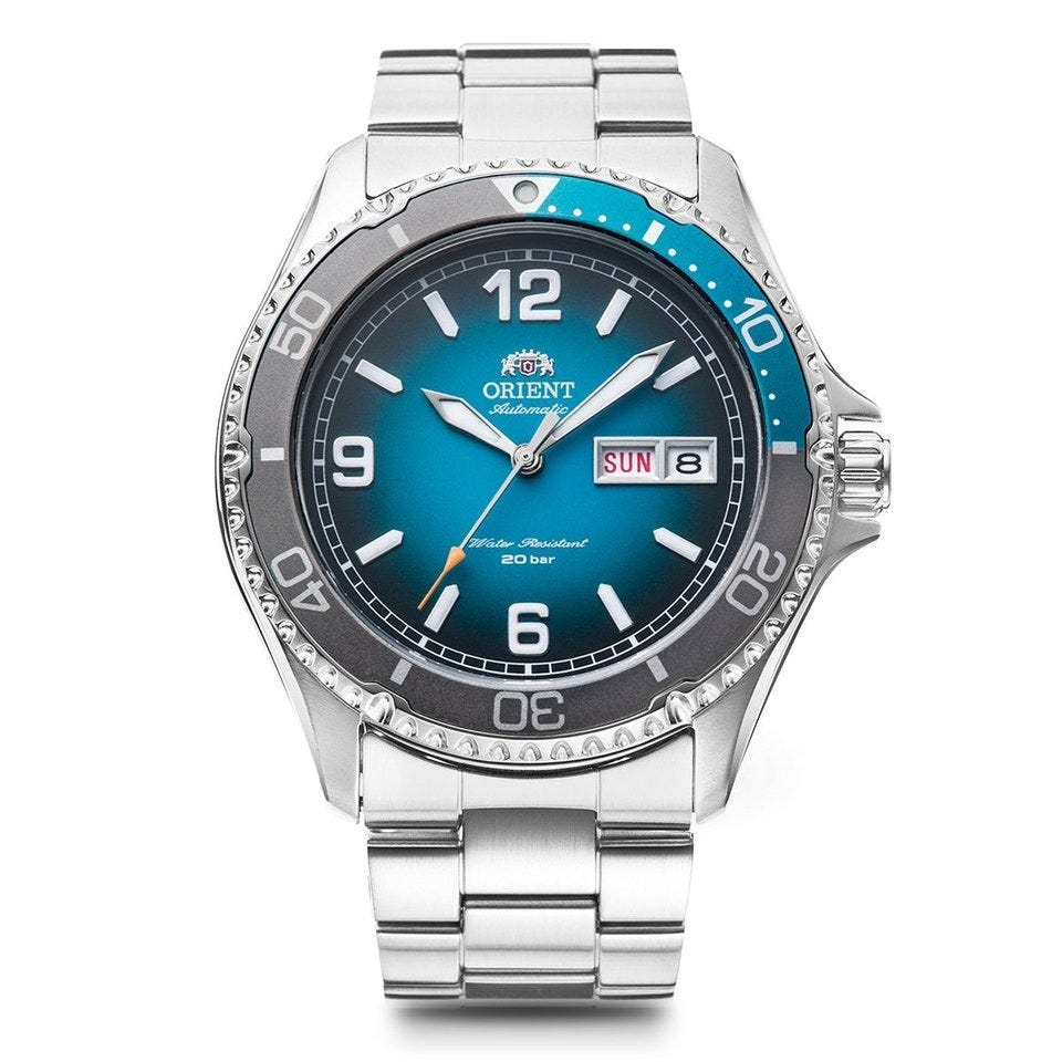 automatic wristwatch with a stainless steel band and a blue dial
