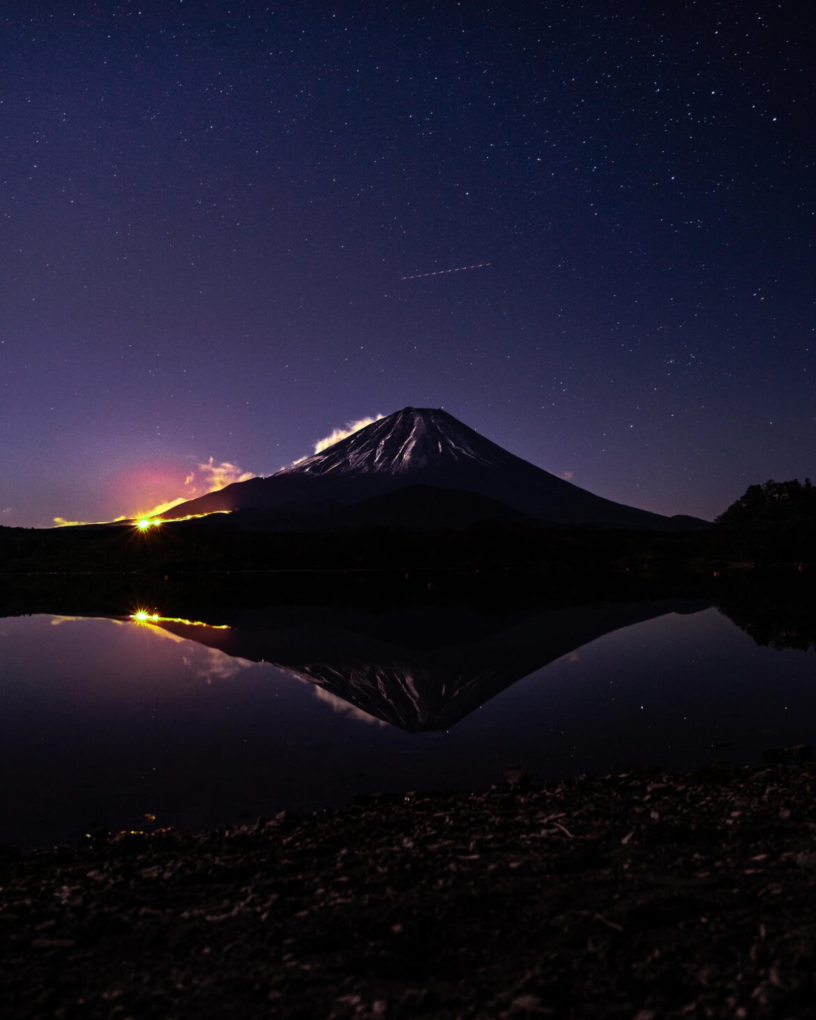 Fuji during the full moon from Lake Shoji