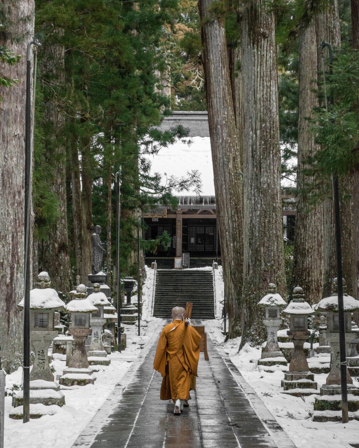 Monks Walking Through Okunoin Cemetery to Bring Food Offerings to Kobo Daishi