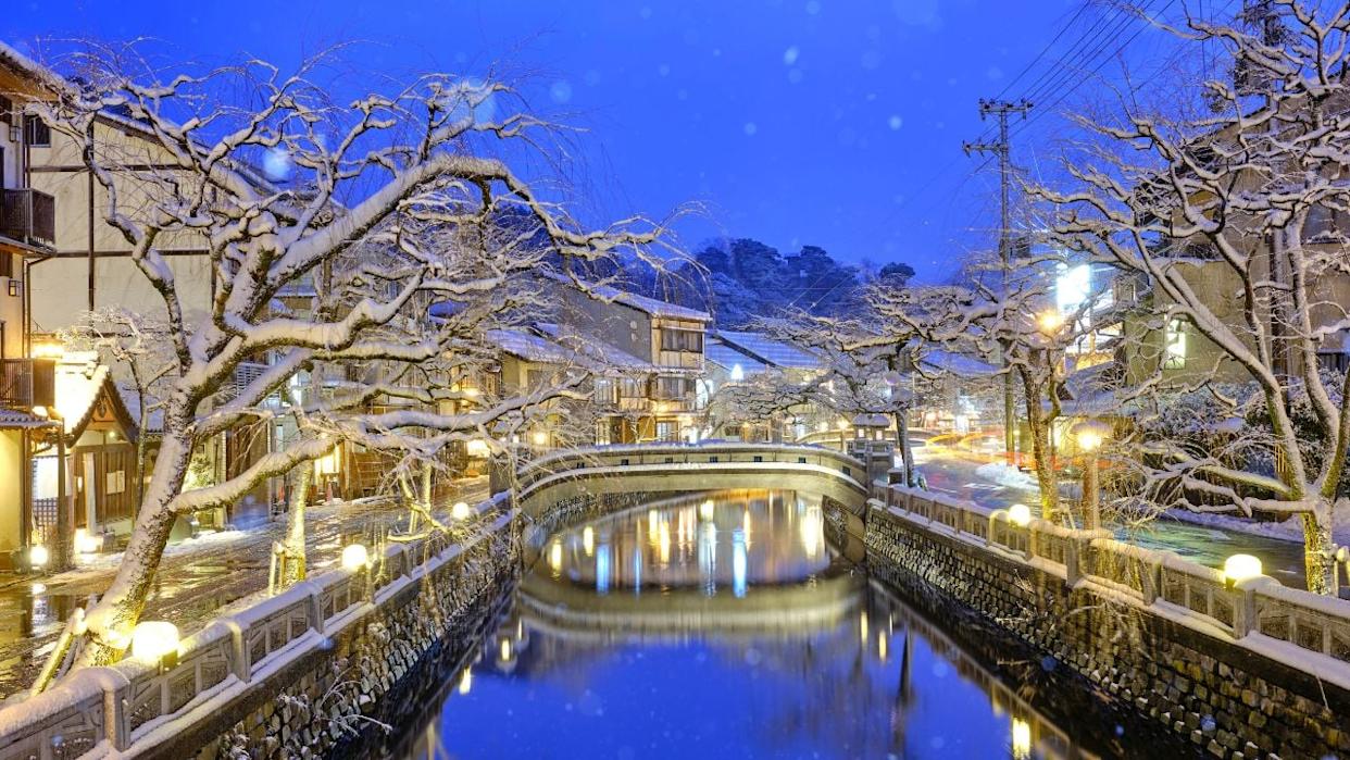Kinosaki Onsen with snowy scenery in winter in Japan
