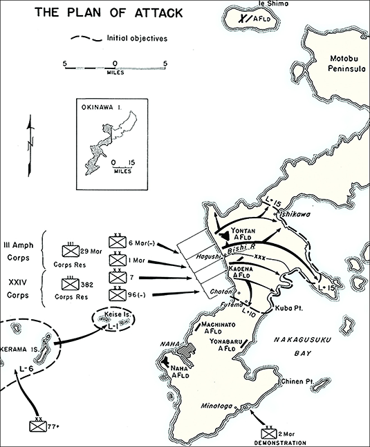 A vertical image illustrates the island of Okinawa, bearing the legend “The Plan of Attack.” Lines and arrows indicate initial objectives and the distribution of duties among different corps. This image is the third in a series of six accompanying the article.