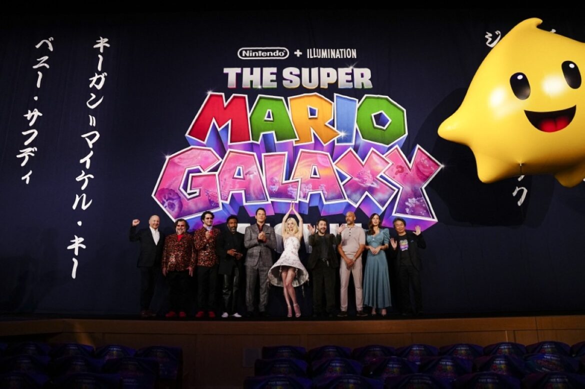 (From left) American actors Chris Meledandri, Jack Black, Benny Safdie, Donald Glover, Chris Pratt, Anya Taylor Joy, Charlie Day, Keegan-Michael Key, Brie Larson and Shigeru Miyamoto attend the world premiere of 'The Super Mario Galaxy Movie' at Minamiza Theater in Kyoto.