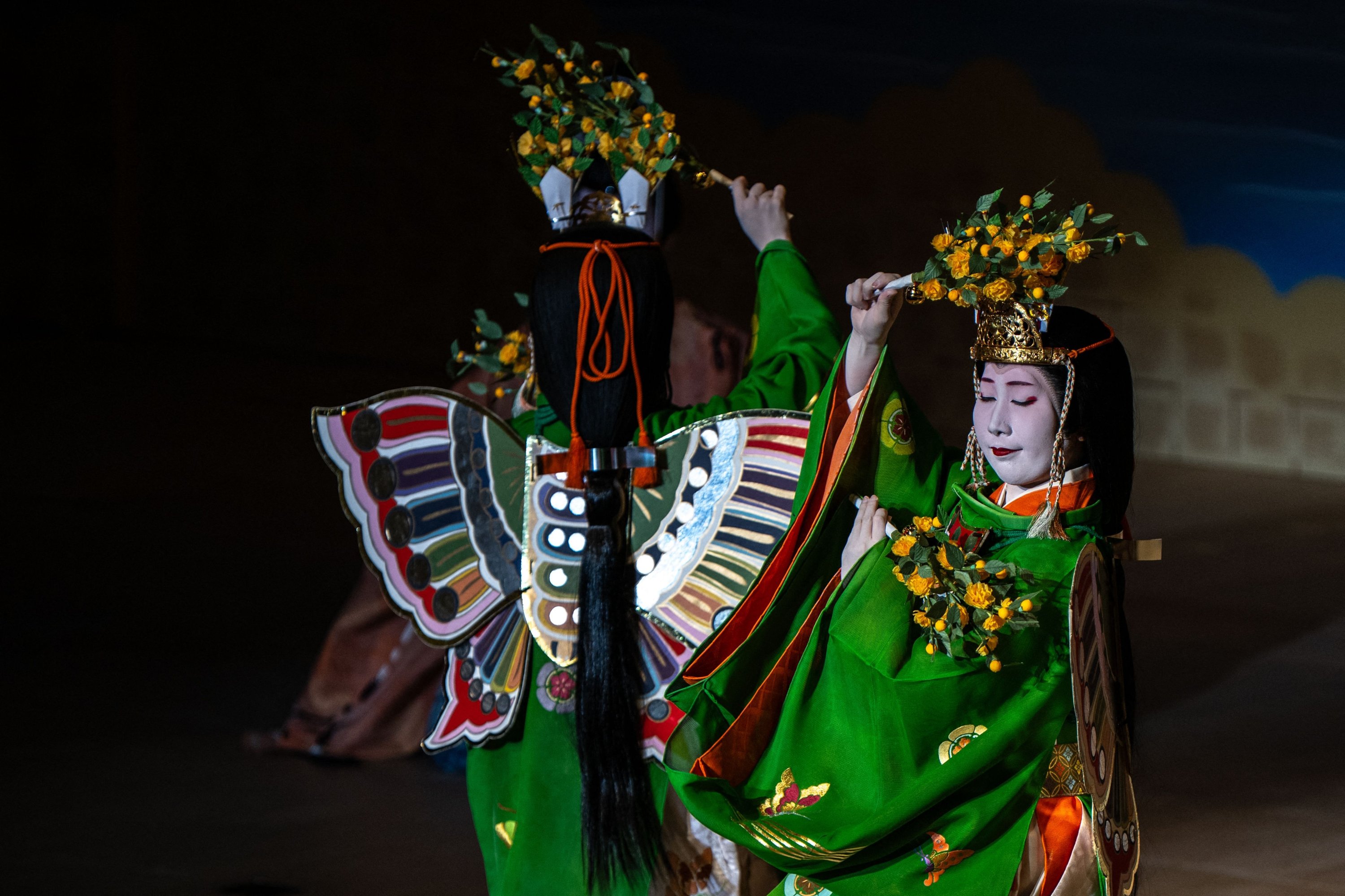 A geisha and maiko take part in a rehearsal for the annual 