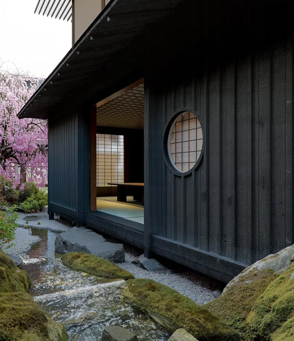 Black wood exterior of The Silence residence in Kyoto by Kengo Kuma and Armani Casa