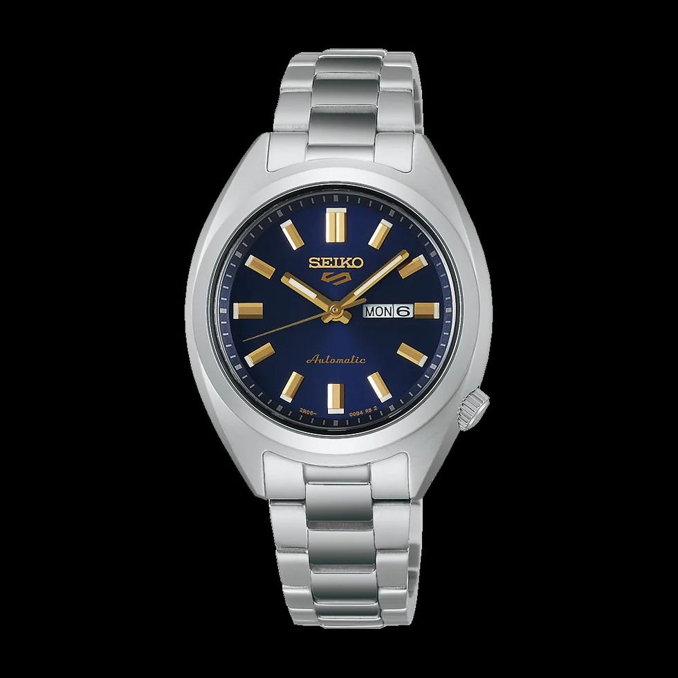 automatic wristwatch with a stainless steel band and a blue dial