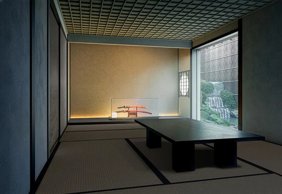 Tatami room with window and display of Japanese swords in The Silence Kyoto residence