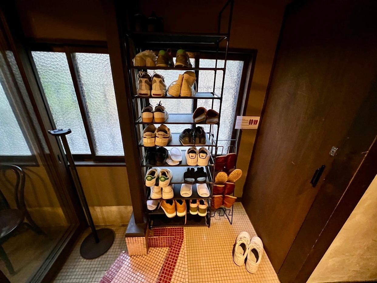 Rack of shoes inside building