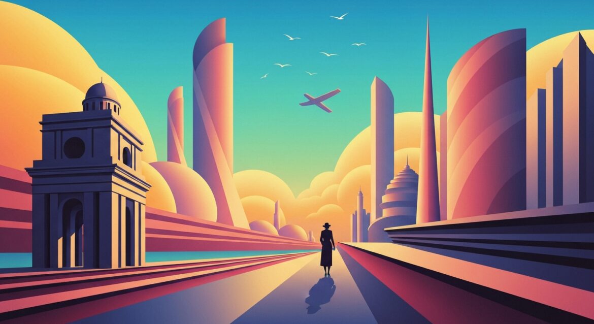 A sweeping, geometric illustration depicting the grand scale and sleek forms of Japanese architecture, conveying the sense of travel and luxury associated with the country