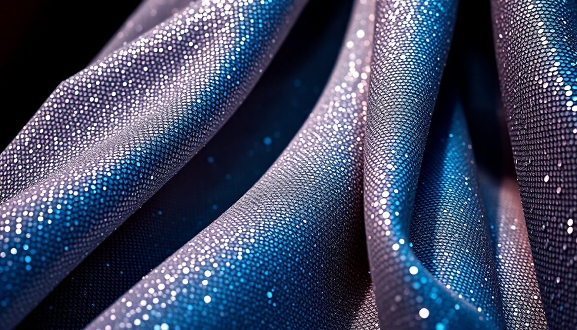 An extreme close-up photograph of richly textured, shimmering fabric in dramatic studio lighting, conceptually representing the luxurious and high-fashion aesthetic of Dior