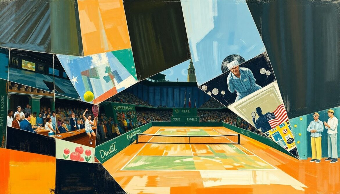 A cubist-style painting featuring overlapping geometric shapes and planes in shades of blue, green, and yellow, conceptually representing the fragmented and disrupted nature of a tennis tournament affected by player injuries.