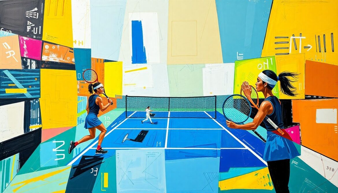 A cubist, geometric painting depicting a tennis match between two players, with the figures and court broken down into sharp, overlapping planes of color and shape, conveying a sense of the tension and uncertainty surrounding Raducanu