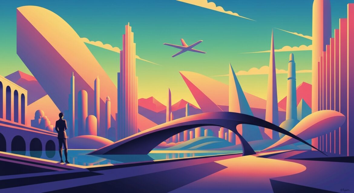 A highly stylized, Art Deco-inspired illustration depicting the sweeping, geometric forms of a Japanese bullet train against a backdrop of towering, abstract architectural elements, capturing the essence of travel during the Golden Week holiday period.