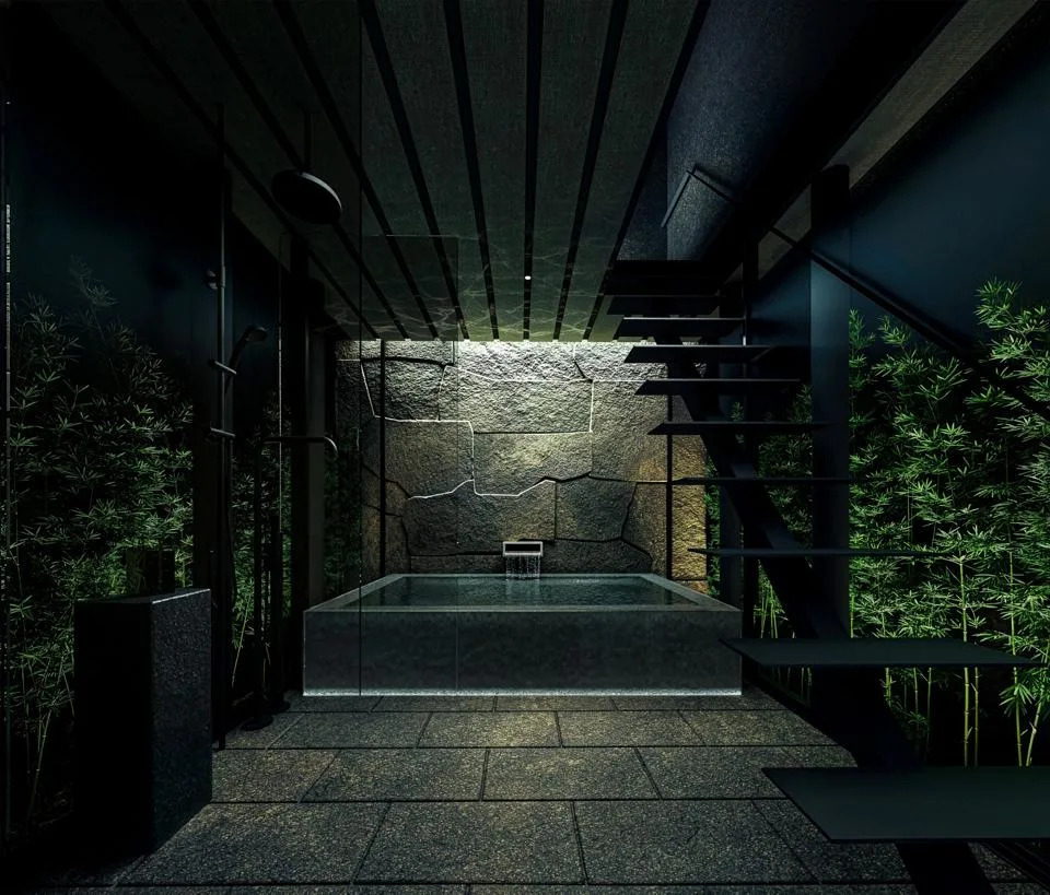 Water feature and stairs to upper level at Kyoto residence by Kengo Kuma and Armani Casa