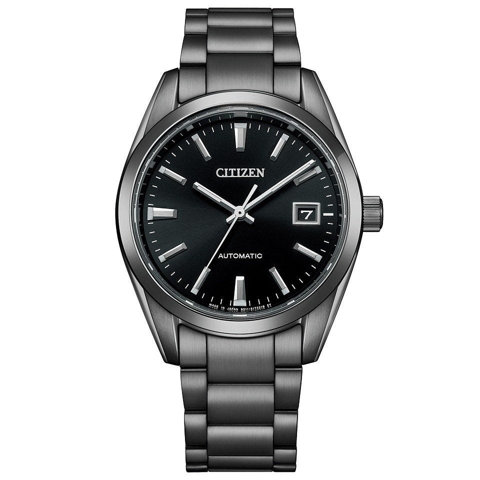 citizen automatic wristwatch with a black dial and metal band