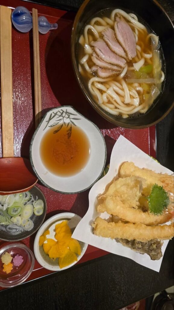 duck udon and assorted tempura in Kusatsu Onsen