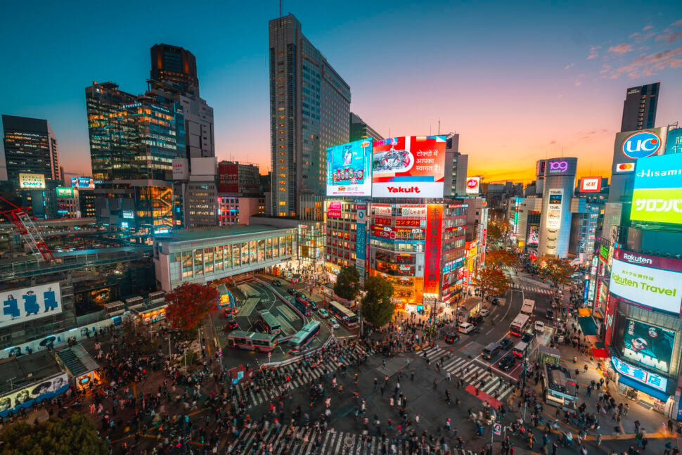 Shibuya pedestrian crossing and city lights, Tokyo, Japan