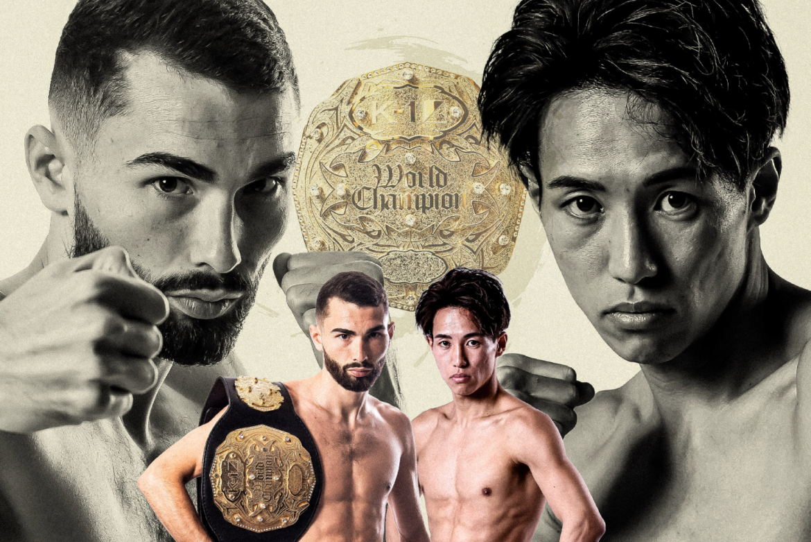 Collage of two shirtless male fighters flanking a large gold World Champion belt in the center.