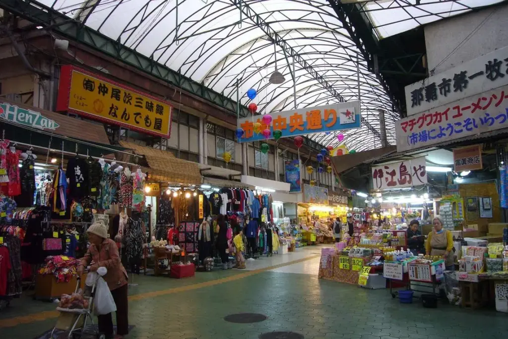 Shops in the shopping arcade in Heiwa Dori in Naha City in Japan's Okinawa.