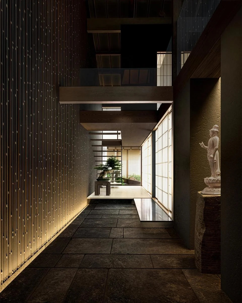 Hallway of The Silence Kyoto residence by Kengo Kuma and Armani Casa