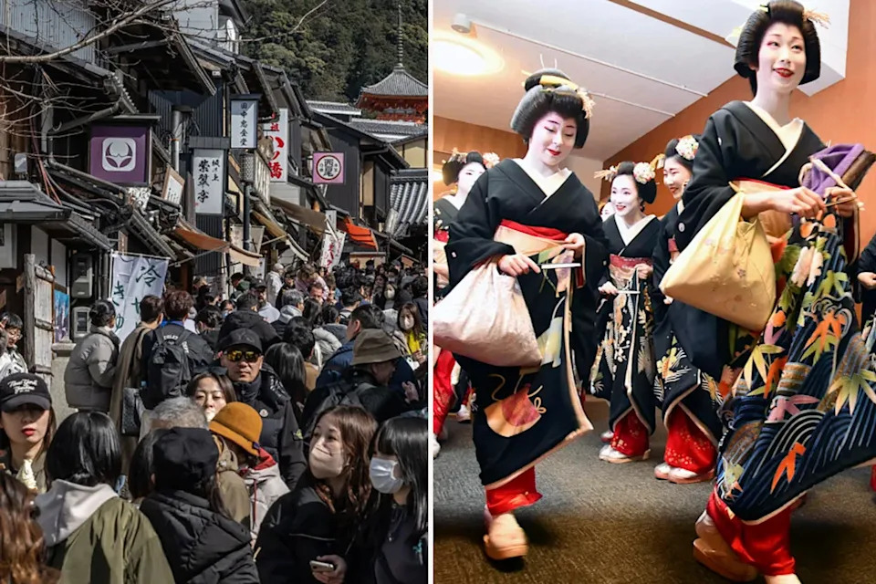 Left: Tourists in Japan. Right: Two Japanese geishas
