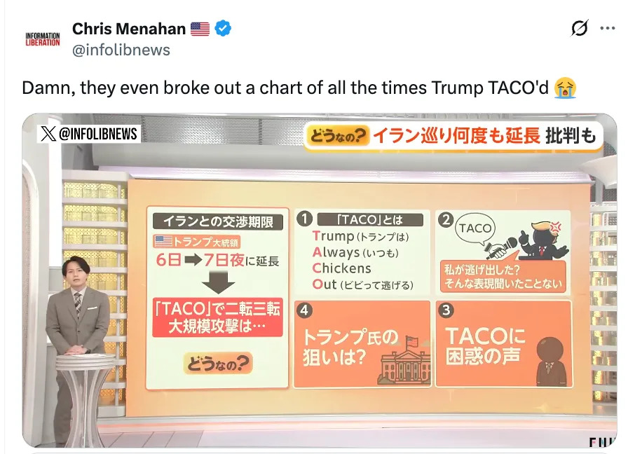 Image of a Japanese TV show displaying a chart about former President Trump's activities related to tacos. Presenter stands beside it