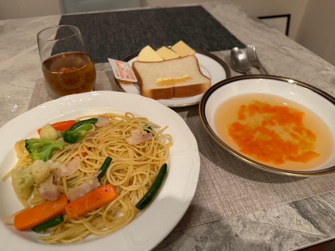 Colorful happy Japanese home pasta dinner. Do you eat pasta at home?
