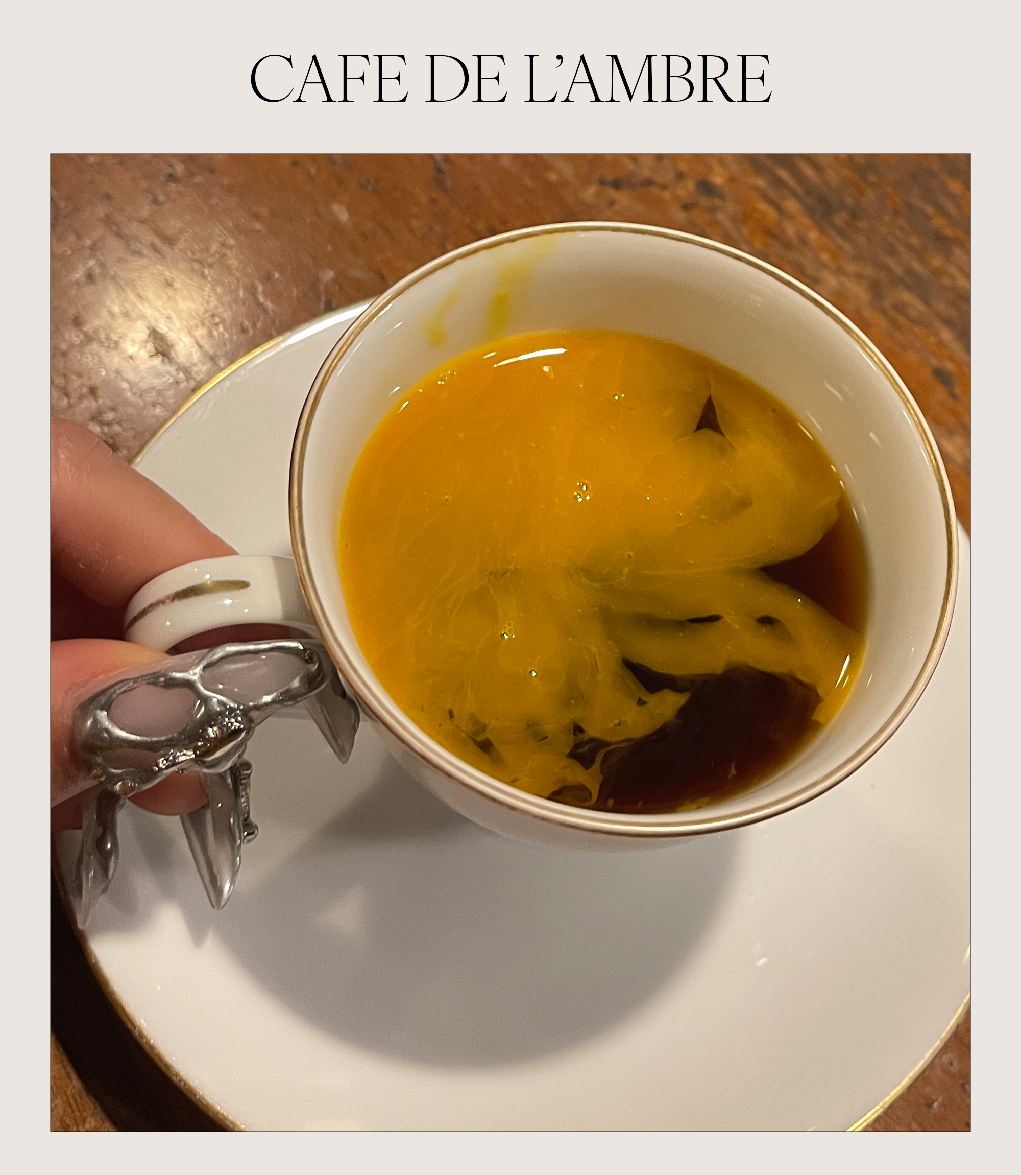 Collage of interiors at Caf&eacute; de L'Ambre in Tokyo.