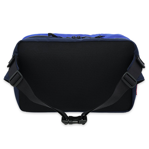 The back of the bag is black and padded with a black, adjustable belt.